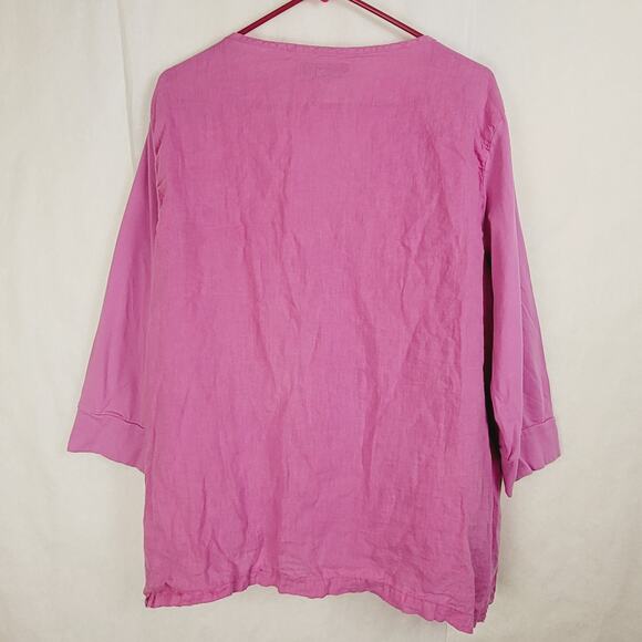 Flax pink button up linen top Size Large Lagenlook Hygge Casual Pockets - Picture 2 of 7